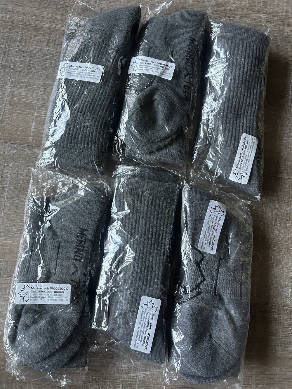 Lot of 6 Merino.tech Merino Wool Hiking Socks Large Gray Unisex Outdoor NEW